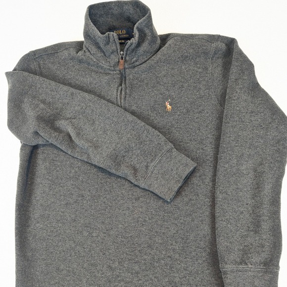 Polo Ralph Lauren Men Gray Estate Rib 1/4 Zip Pullover Sweater Size M Flesh Pony - Picture 2 of 11